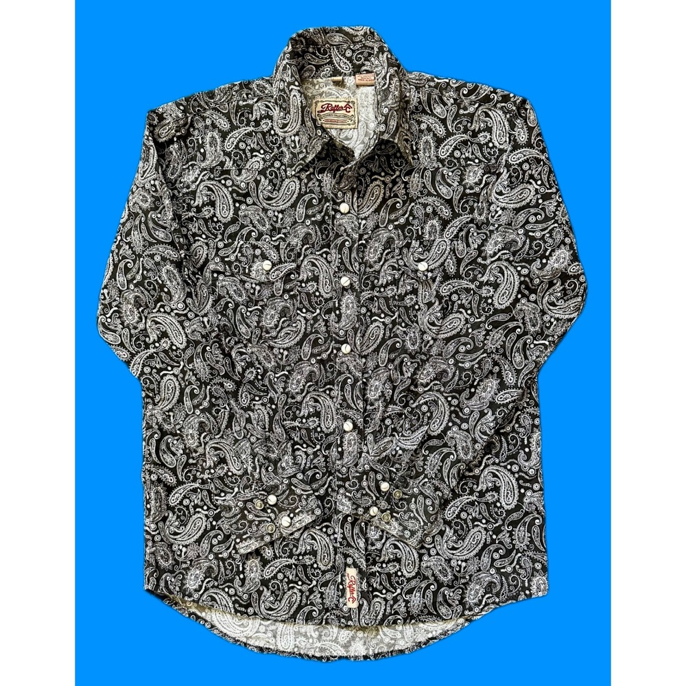 Rafter C Cowboy Collection B kid Black Wh Paisley Pearl Snap Western Shirt large